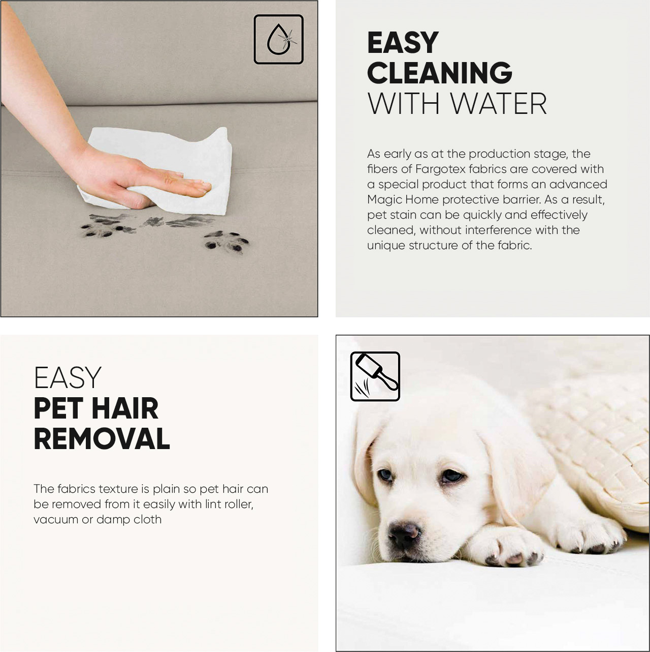 Pet-friendly fabrics for your home. Magic Home technology by Fargotex.